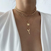 Multi-layer Gold Tone Curb Link Chain Lock & Key Pendant Choker Necklace Set